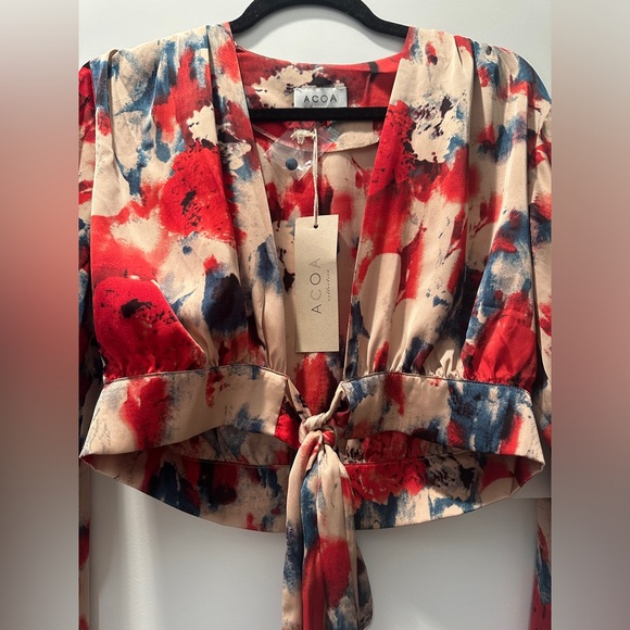 ACOA red & tan holiday dinner date cropped tie long sleeve blouse sexy NWT M - Picture 11 of 15